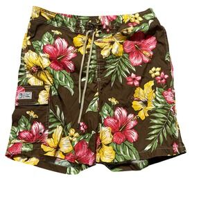Polo Ralph Lauren Mens Brown Floral Hibiscus Swim Trunks Board Shorts Size M